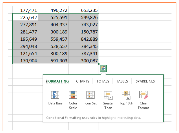 Excel sheet showing a selection highlighted "quick analysis tool" with "formatting" selected